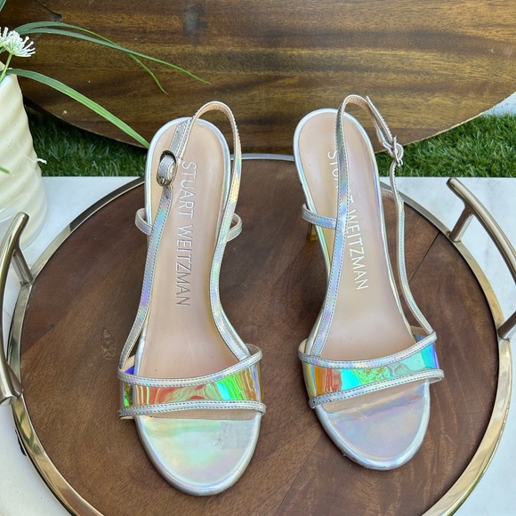 Stuart Weitzman Womens Mondrian 100 Sandal Silver/ Aurora size US 7 - Picture 8 of 14